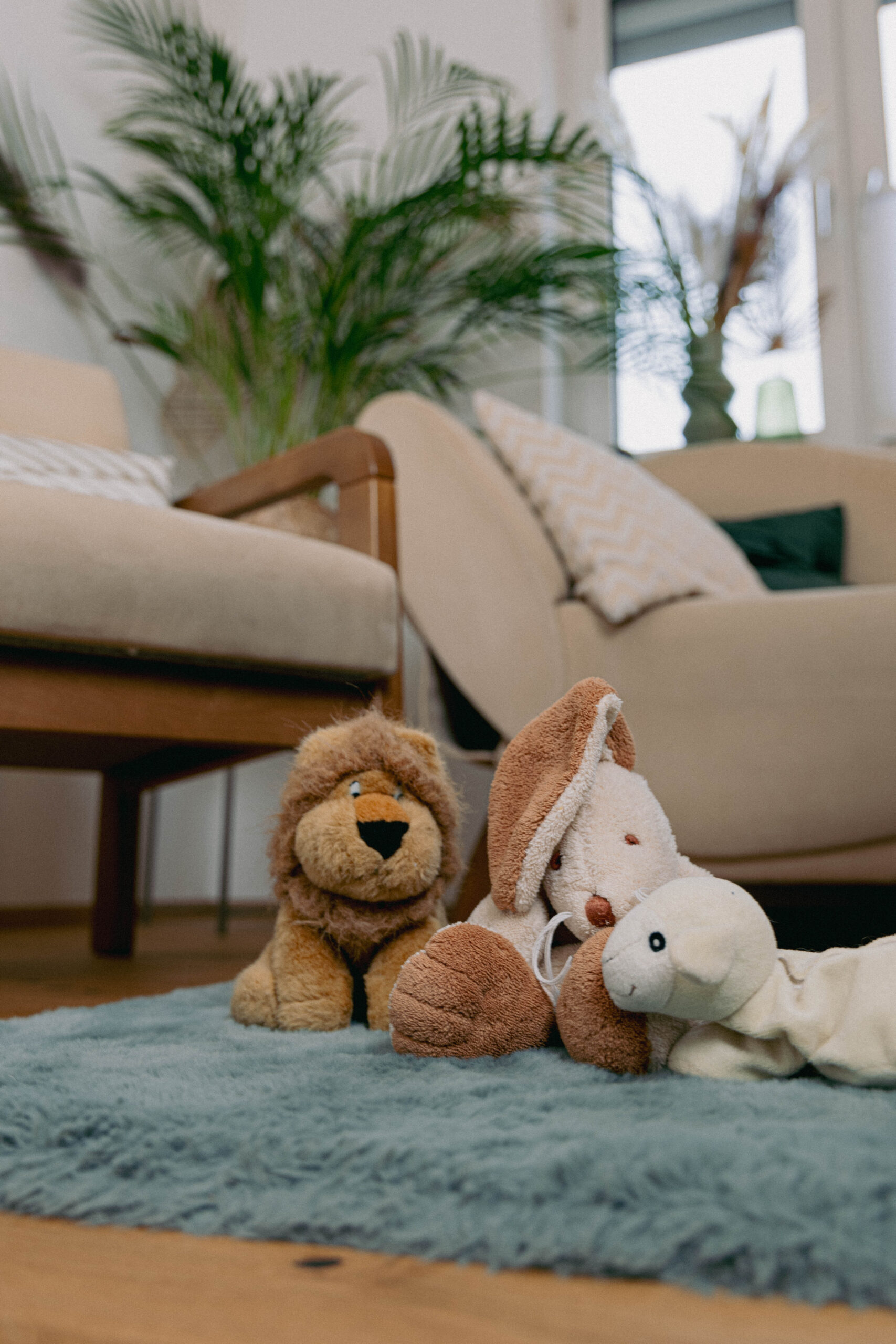 praxisraum-mit-Stofftieren-Kindertherapie geschützter Raum für Kleinkinder und Kinder in der Praxis am weichen Teppich